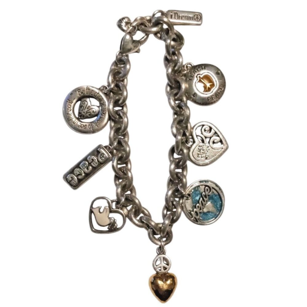 BRIGHTON Signed B Heart Silver Gold Tone Peace Charm Bracelet Enamel World Dove